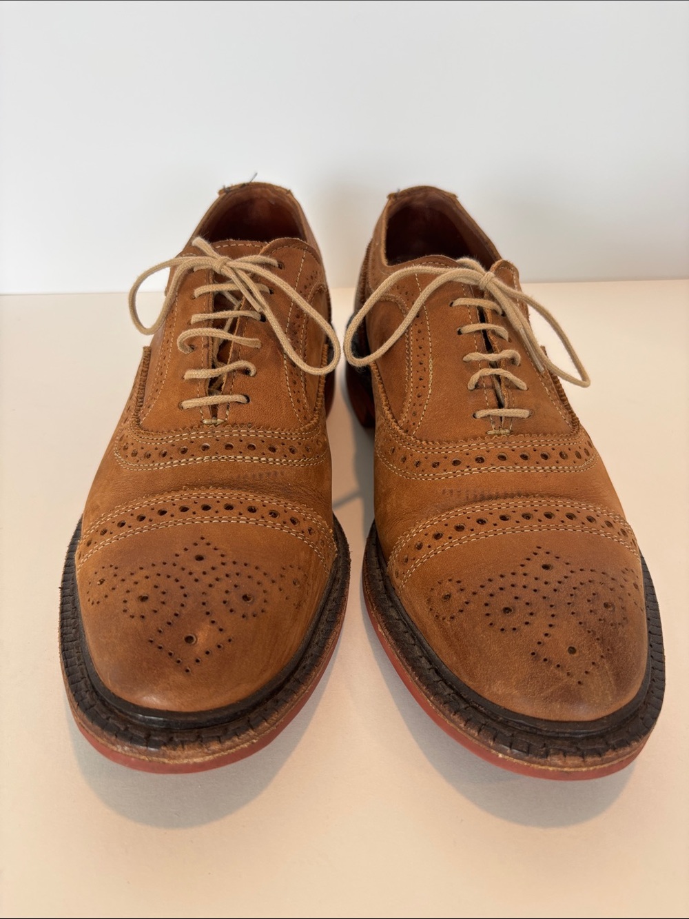 Men's Allen Edmonds Strandmok Tan Brogue Leather Lace-Up Dress Shoes Size 8E